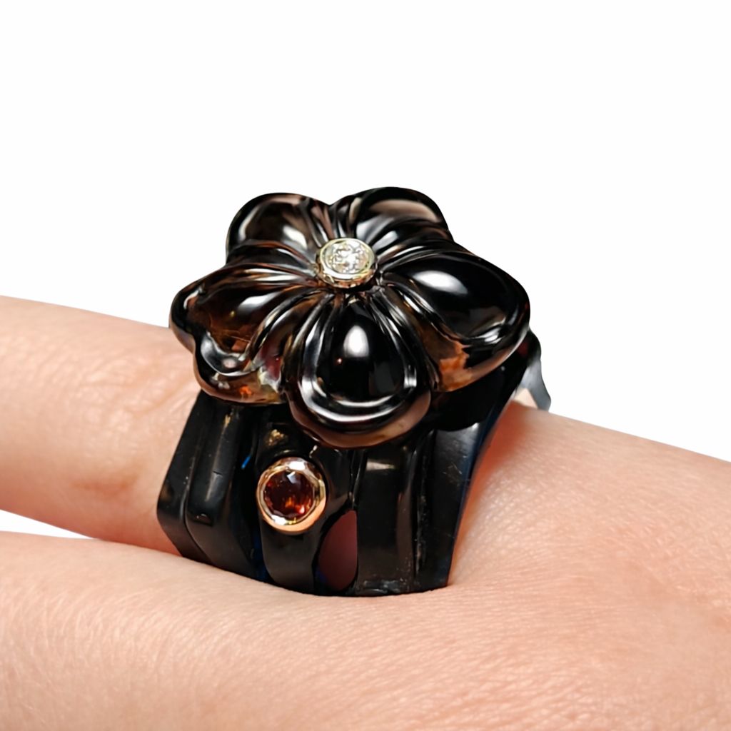 Fine Jewelry Statement Ring – Midnight Blossom Smoky Quartz Flower