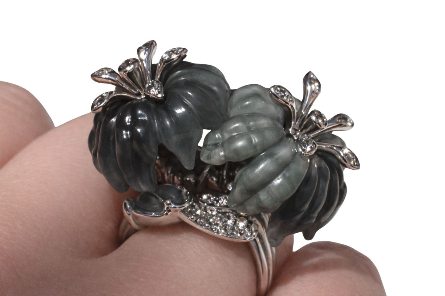 Back view of the Asian Lilly ring showing the handcrafted 18K white gold structure and custom gemstone setting