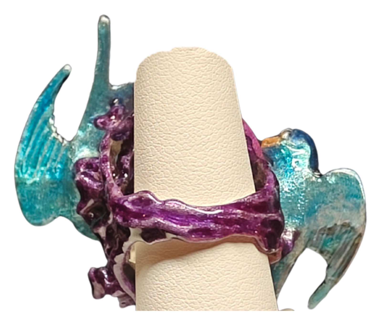 Back view of the Celestial Flight ring from the Stone Garden Collection by Konforti Jewelry, revealing the detailed 960 silver craftsmanship, gold-plated accents, and fine enamel artistry beneath the hand-carved purple moonstone.