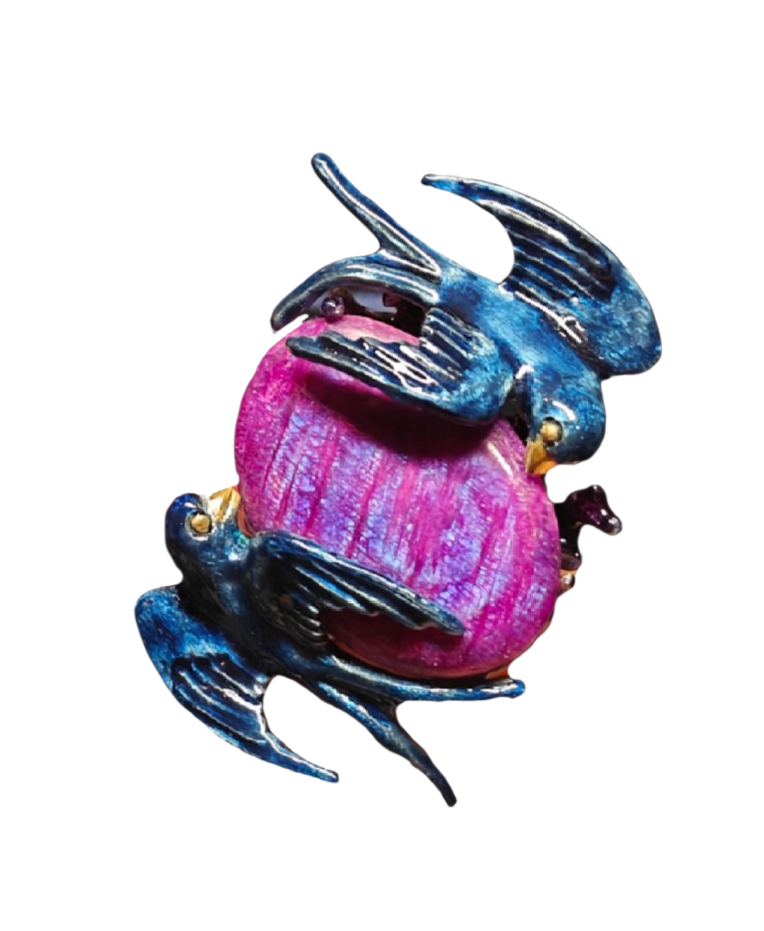 The Celestial Flight ring from the Stone Garden Collection by Konforti Jewelry, handcrafted in 960 silver and set with a 33 ct hand-carved purple moonstone, accented with hot Limoges enamel and 24K gold plating for a radiant, otherworldly glow.