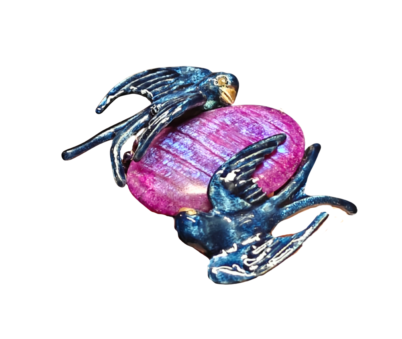 Another angle of the Celestial Flight ring by Konforti Jewelry from the Stone Garden Collection, showcasing the intricate 960 silver work, hand-painted Limoges enamel, and luminous purple moonstone centerpiece with 24K gold-plated accents.
