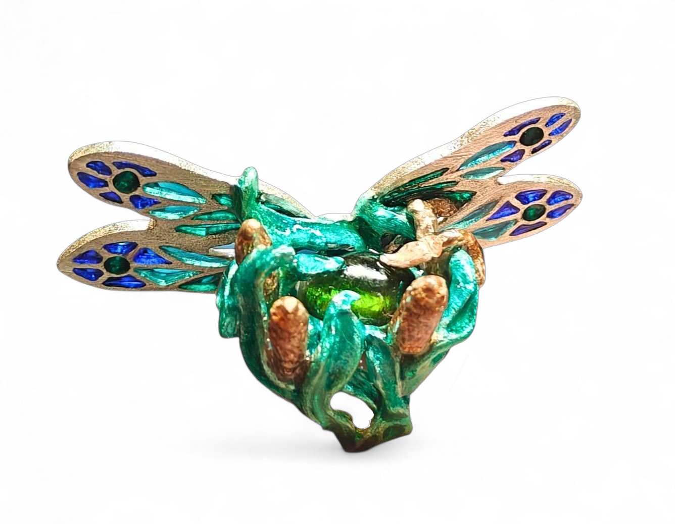 Back view of the Enchanted Dragonfly ring by Konforti Jewelry from the Stone Garden Collection, revealing the detailed 960 silver craftsmanship and hand-painted Limoges enamel that adds depth and luminosity beneath the green tourmaline centerpiece.