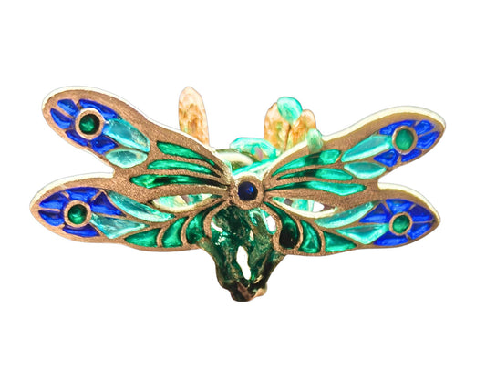 Front view of the Enchanted Dragonfly ring from the Stone Garden Collection by Konforti Jewelry, handcrafted in 960 silver and centered with a 7.5 ct vivid green tourmaline. The design features delicate plique-à-jour wings and Limoges-style enamel painting that capture movement, light, and the spirit of nature.