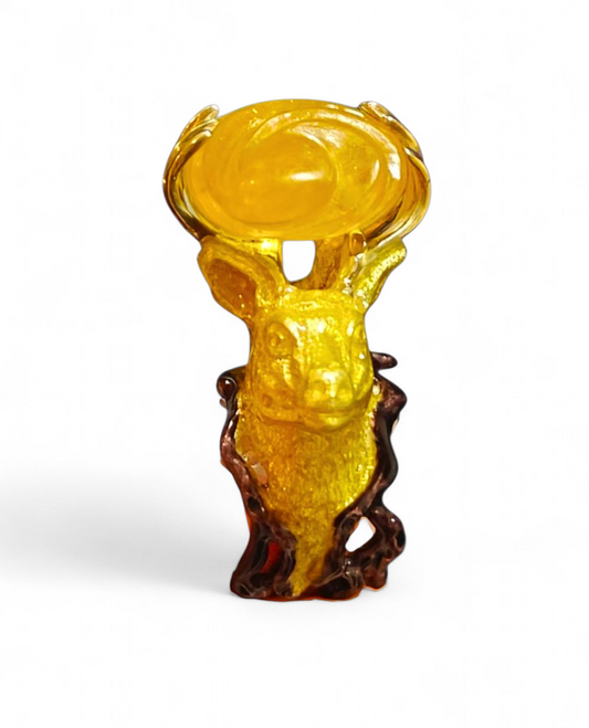 Front view of the Guardians of the Sun ring from the Stone Garden Collection by Konforti Jewelry, handcrafted in 960 silver and crowned with a 90 ct hand-carved yellow lepidolite gemstone held by stag antlers, with hand-painted enamel detailing that captures mythic sunlight and artistry.