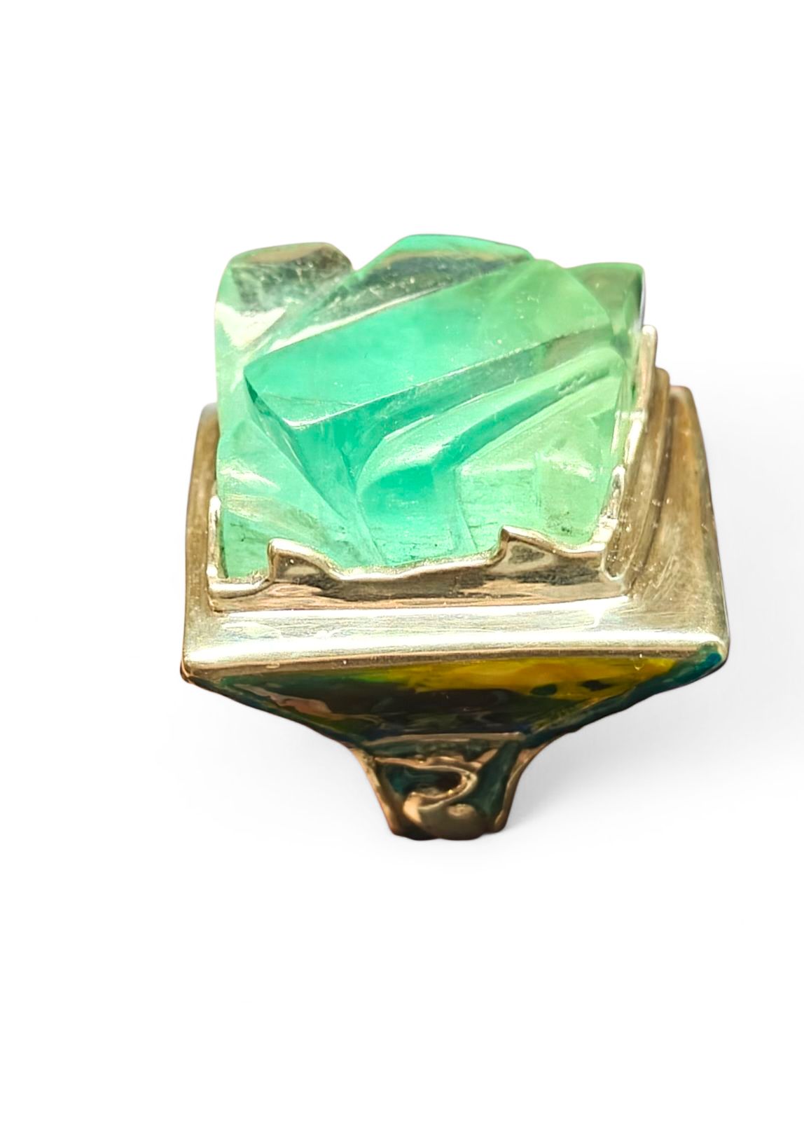 Top view of the Landscape in Flight ring from the Stone Garden Collection by Konforti Jewelry, handcrafted in 960 silver and centered with a 121 ct hand-carved aquamarine. The design features Limoges-style hot enamel paintings on copper with transparent enamel layers and silver patina that evoke sky, motion, and atmosphere.