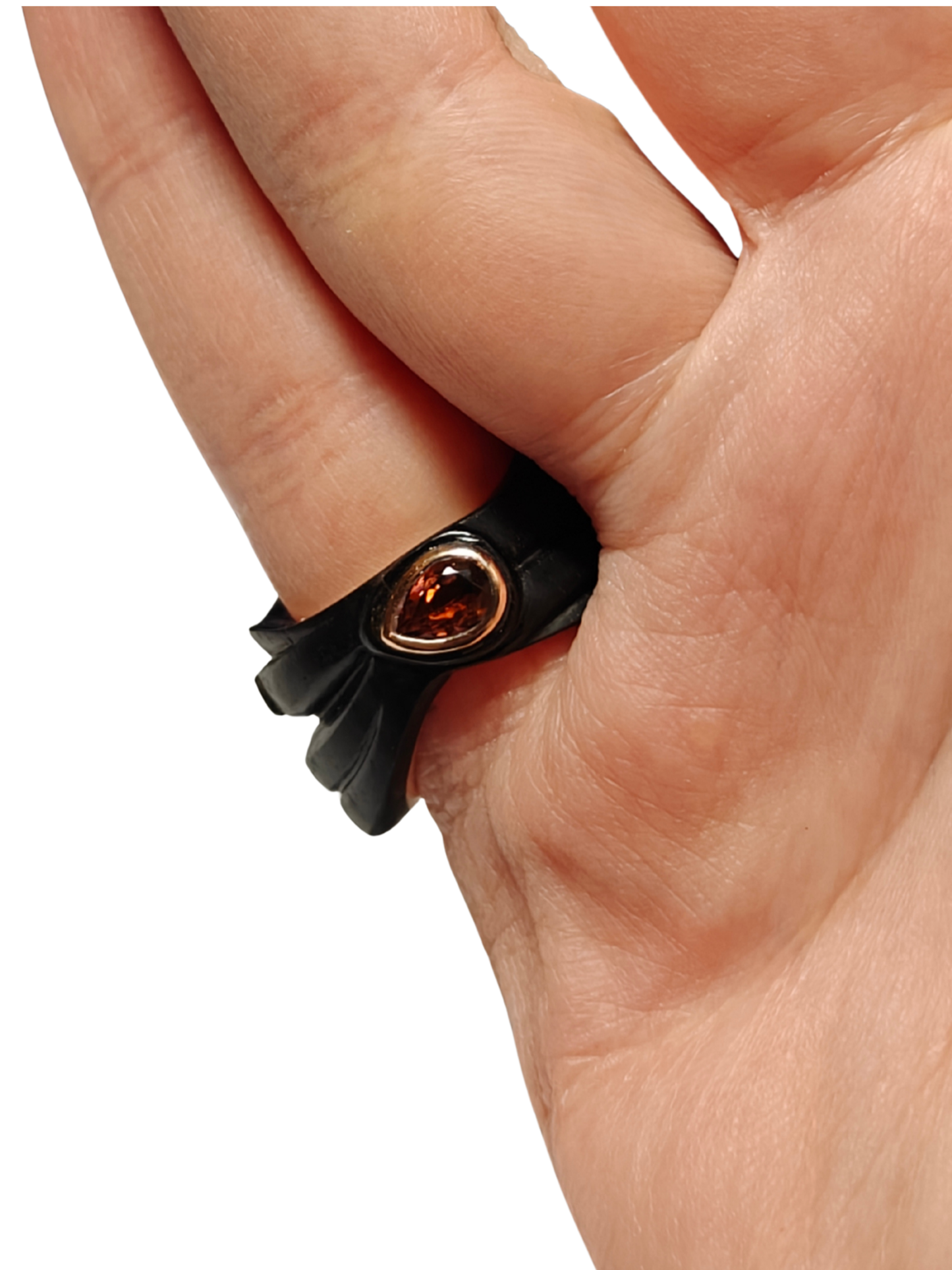 Back close-up view of the Midnight Blossom ring by Konforti Jewelry, showing the 14K pink gold inner band, black ebony wood outer ring, and fine gemstone craftsmanship from the Stone Garden Collection.