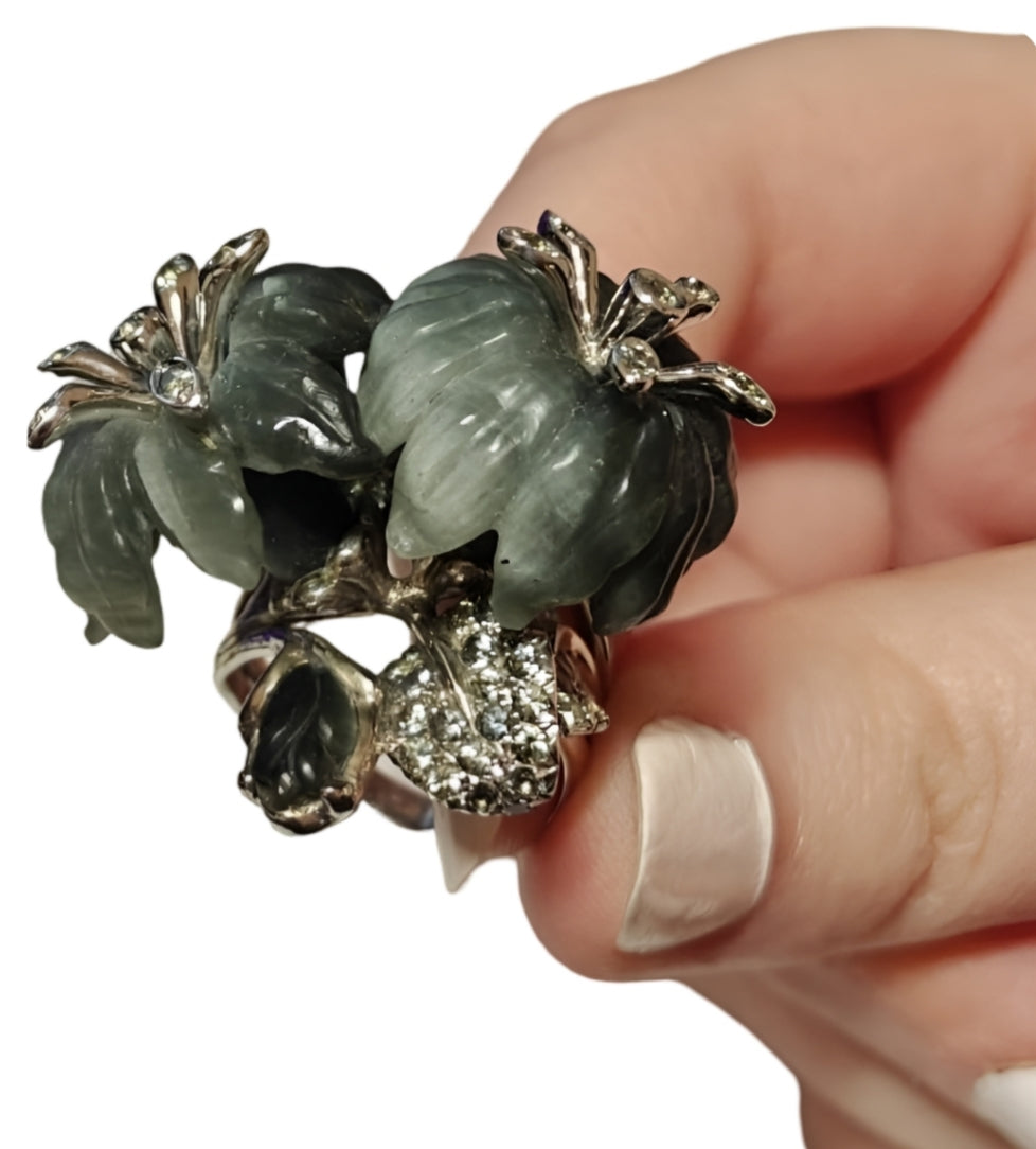 Elegant Asian Lily ring showcasing hand-carved cat’s eye flowers with grey sapphires in rhodium-plated white gold