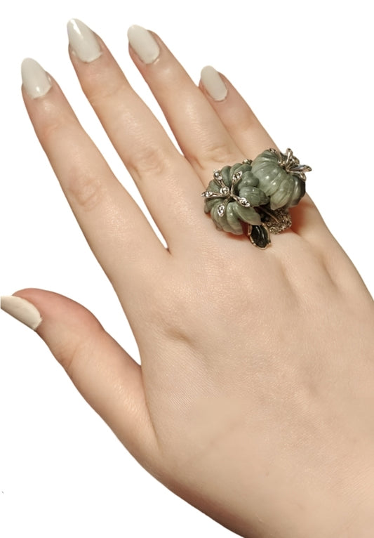 Asian Lily ring in 18K white gold with rhodium plating, featuring hand-carved cat’s eye gemstones and grey sapphires, by Konforti Jewelry
