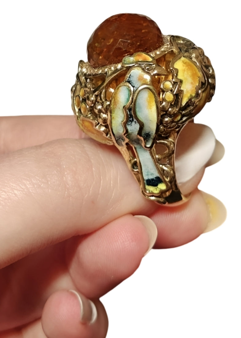 Elegant Autumn ring with hot enamel, citrine madeira, and yellow sapphires in 18K gold, from the Stone Garden Collection by Konforti Jewelry