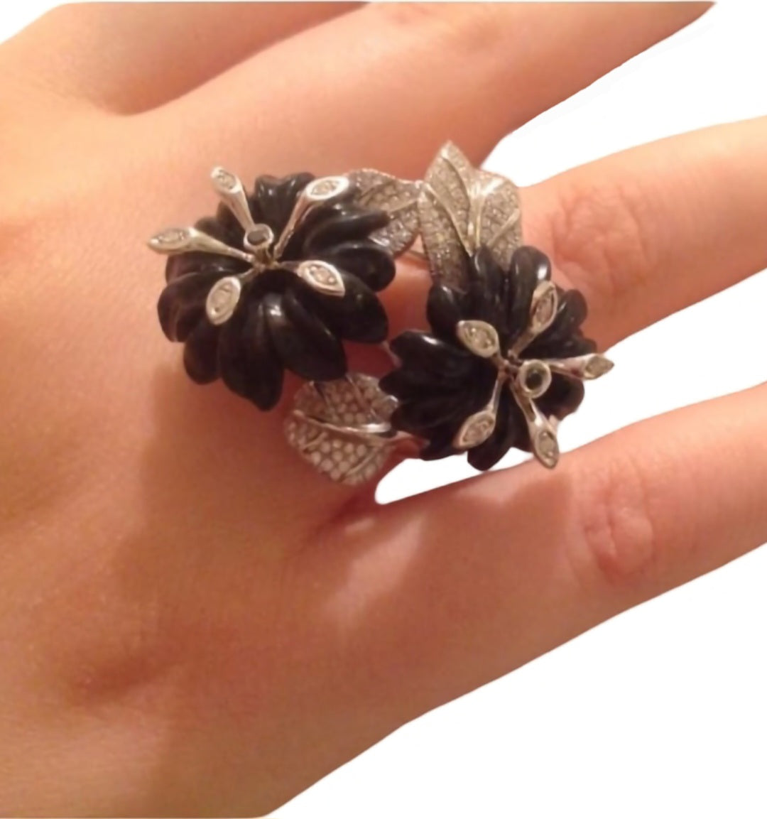 Black Petunia ring in 18K white gold with hawk’s eye gemstone flowers and 3.2K diamonds by Konforti Jewelry