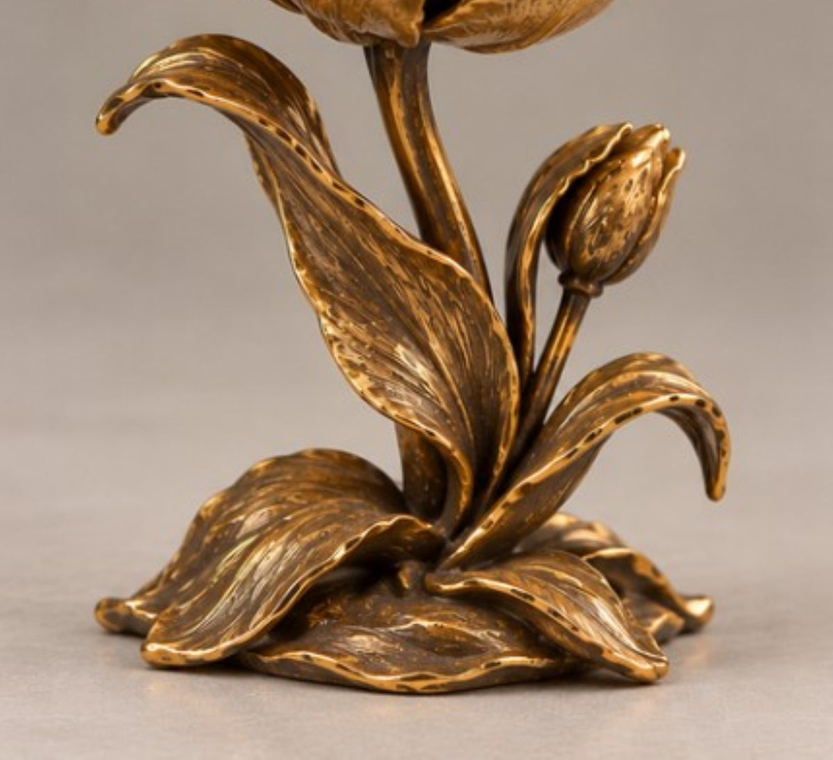 Bronze Flower Sculpture with Hand-Carved Smoky Quartz Mouse and Black Onyx Eyes