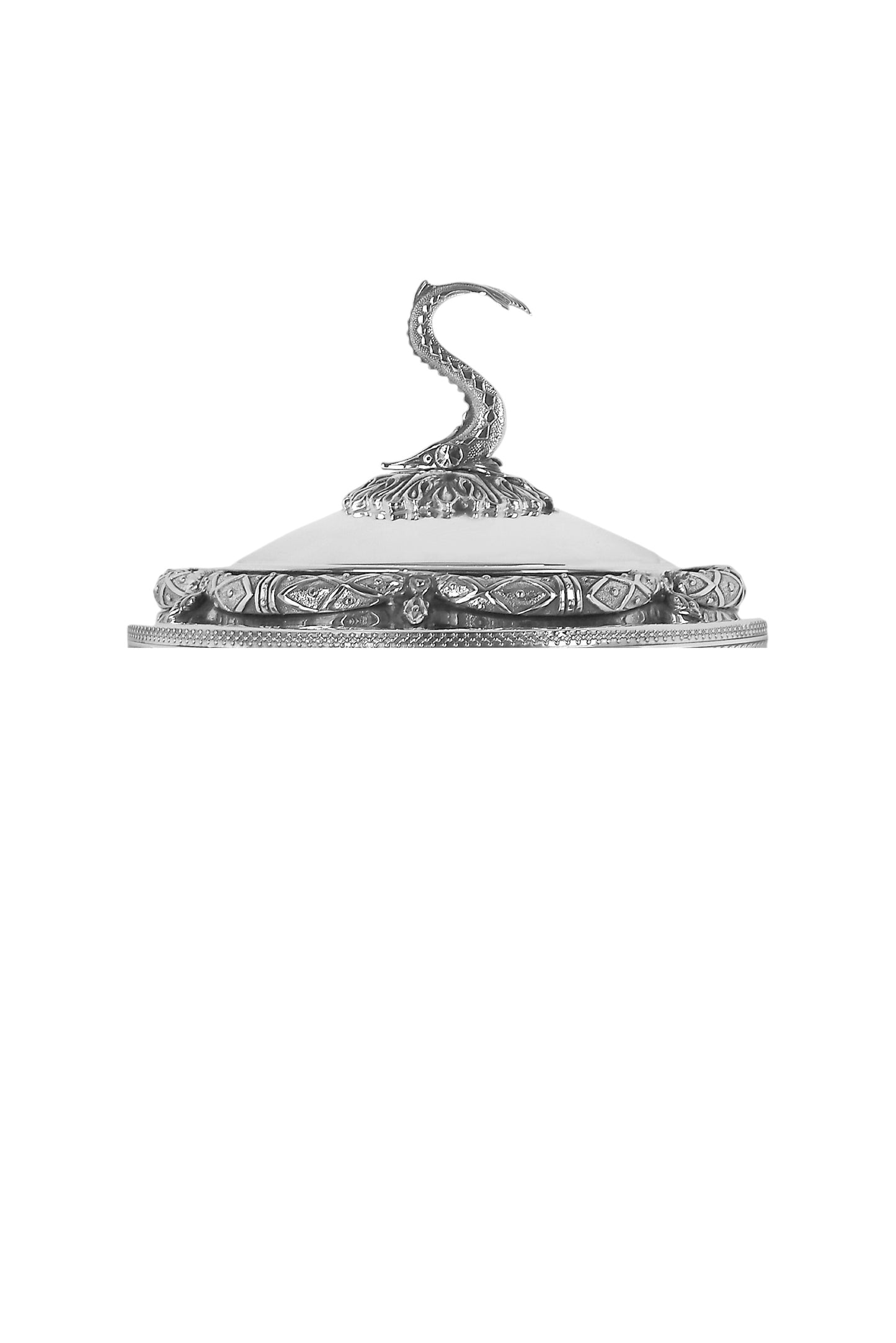 Fabergé-style sturgeon caviar server lid detail with sturgeon finial and silver-gilt ornament