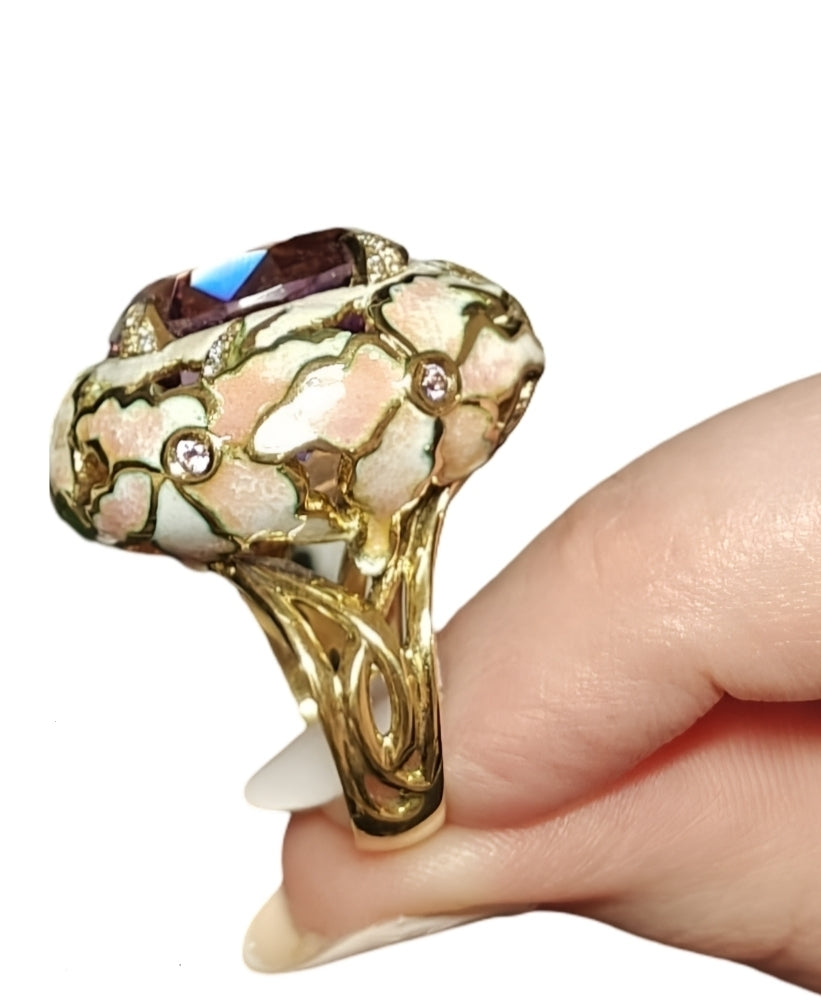 Side view of Floral Fantasy luxury gold ring featuring a large ametrine gemstone, diamond accents, and pink sapphire enamel lilies in fine jewelry design