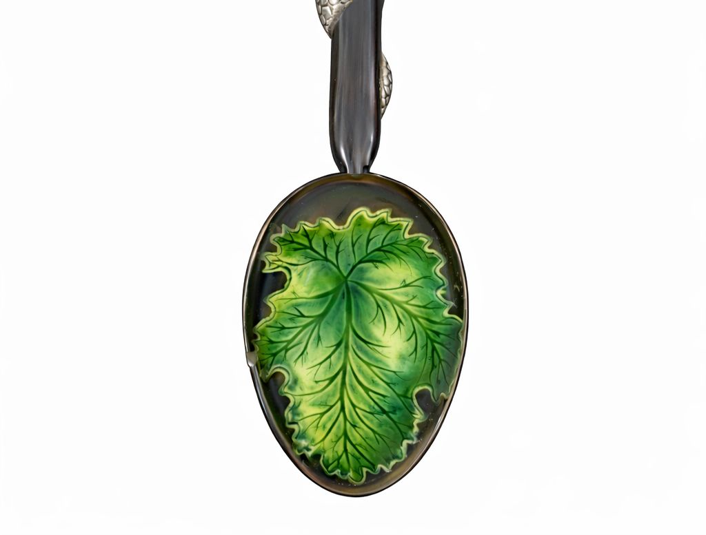 Reverse of sculptural spoon featuring hand painted green enamel leaf set over smoky quartz bowl