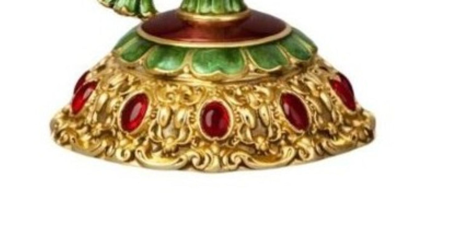 Ornate gold base with red carnelian cabochons and enamel decoration on Royal Bouquet luxury bowl