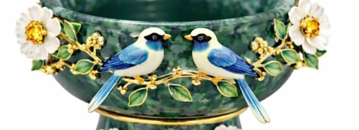 Hand-painted enamel birds on gold vermeil branches adorning natural jade bowl, fine decorative art detail
