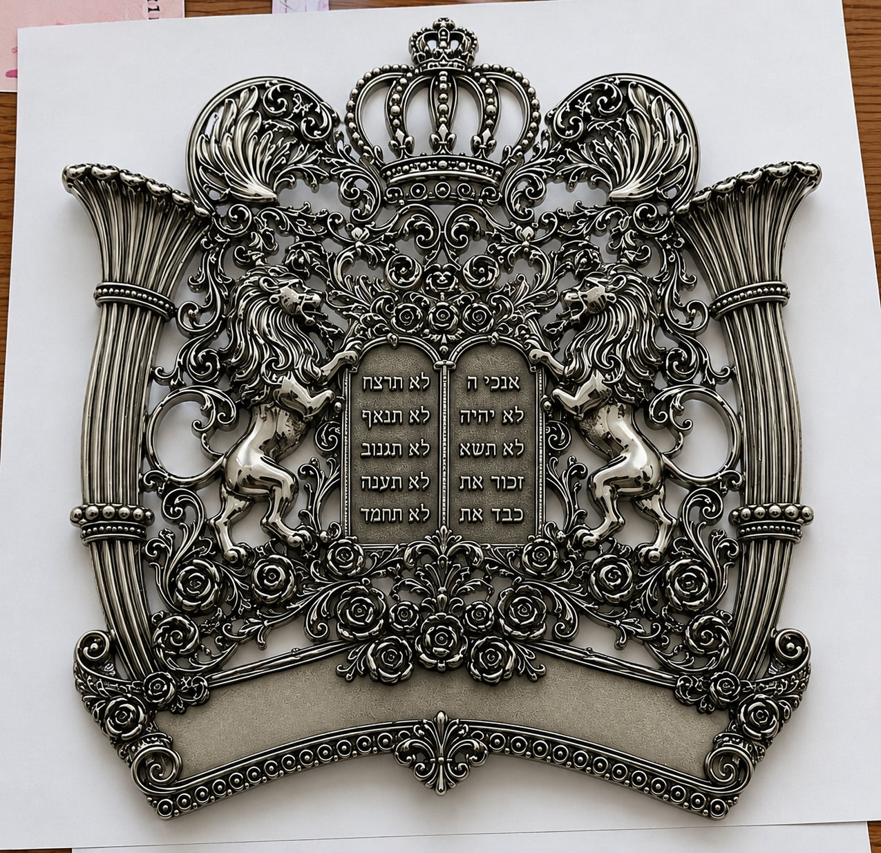 Royal Guardian Lions Torah shield displayed in atelier setting, handcrafted in sterling silver with oxidized finish, crown, lions, Hebrew tablets, and customizable dedication cartouche.