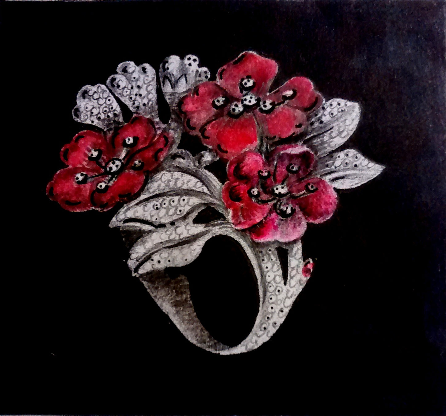 "Cherry Blossom" Ring – 18K White Gold, Rubies & Diamonds | Konforti Jewelry-SOLD