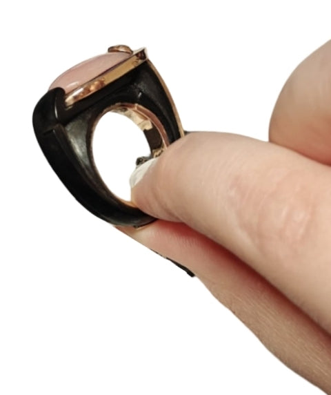 Handcrafted luxury ring in pink gold with opal and ebony wood, part of the Stone Garden Collection by Konforti Jewelry