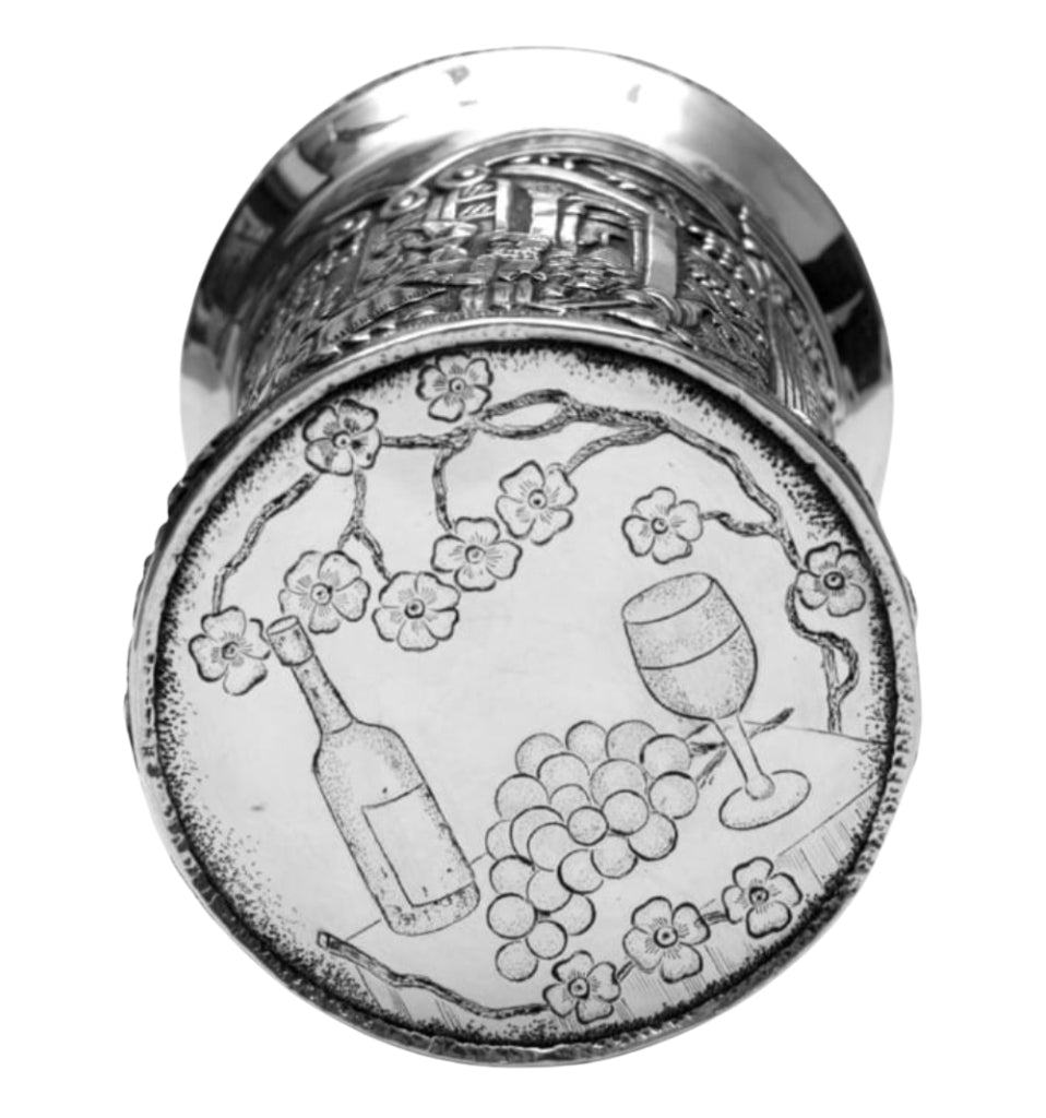 Kiddush cup base engraving wine grapes and ritual symbols sterling silver close up
