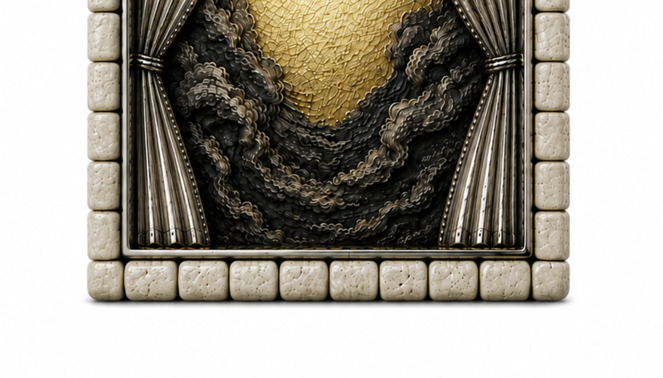 Close-up of the sculptural lower scene within The First Day of Creation pendant, showing textured sterling silver relief representing darkness beneath a luminous 24K gold gilded sky framed by Jerusalem stone.