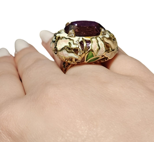 Luxury 18K gold fine jewelry ring with ametrine, diamonds, sapphires and enamel-painted lilies – handmade by Konforti