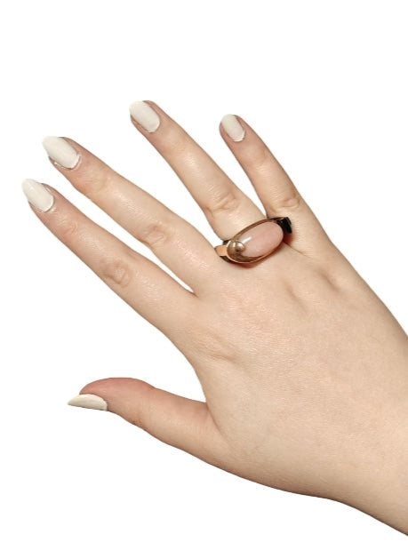 Modern Muse ring in 14K pink gold with pink opal, hand-carved ebony wood base, Stone Garden Collection by Konforti Jewelry