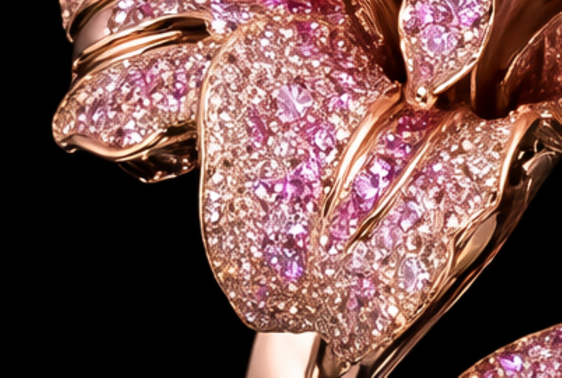 Macro detail of pavé-set sapphire petals in Blushing Bloom floral ring crafted in 14K rose gold