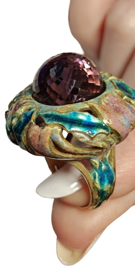 Luxury Purple Burdock ring with hand-painted enamel and amethyst centerpiece in yellow gold, part of Konforti Jewelry’s Stone Garden Collection