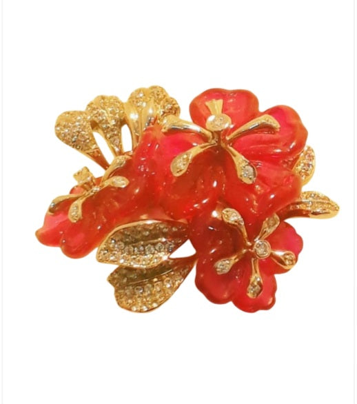 Red Sakura Ring – 18K White Gold with Hand-Carved Ruby Flowers and Diamonds