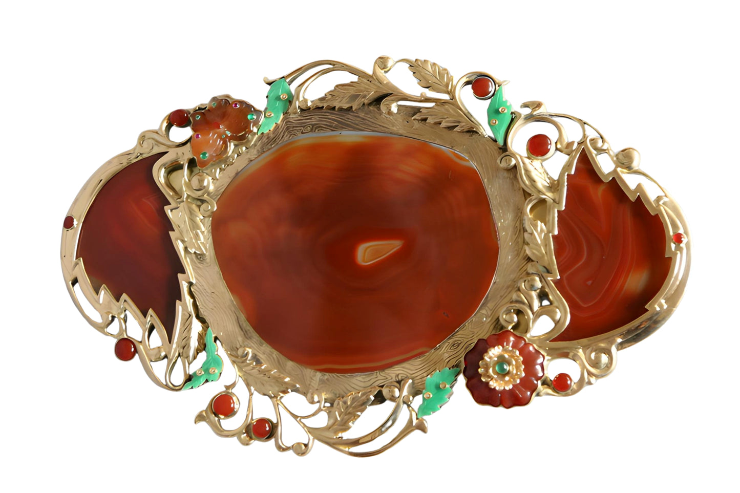Royal Bouquet matching tray in 18K gold with hand-carved agate surface, ruby, emerald, diamond, and carnelian gemstone settings, sculptural butterfly and botanical openwork decoration.