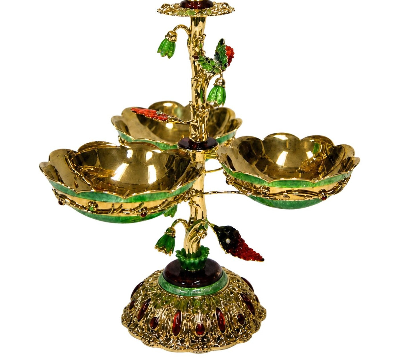 Three bowl arrangement with green enamel and gold detailing in Royal Bouquet luxury centerpiece