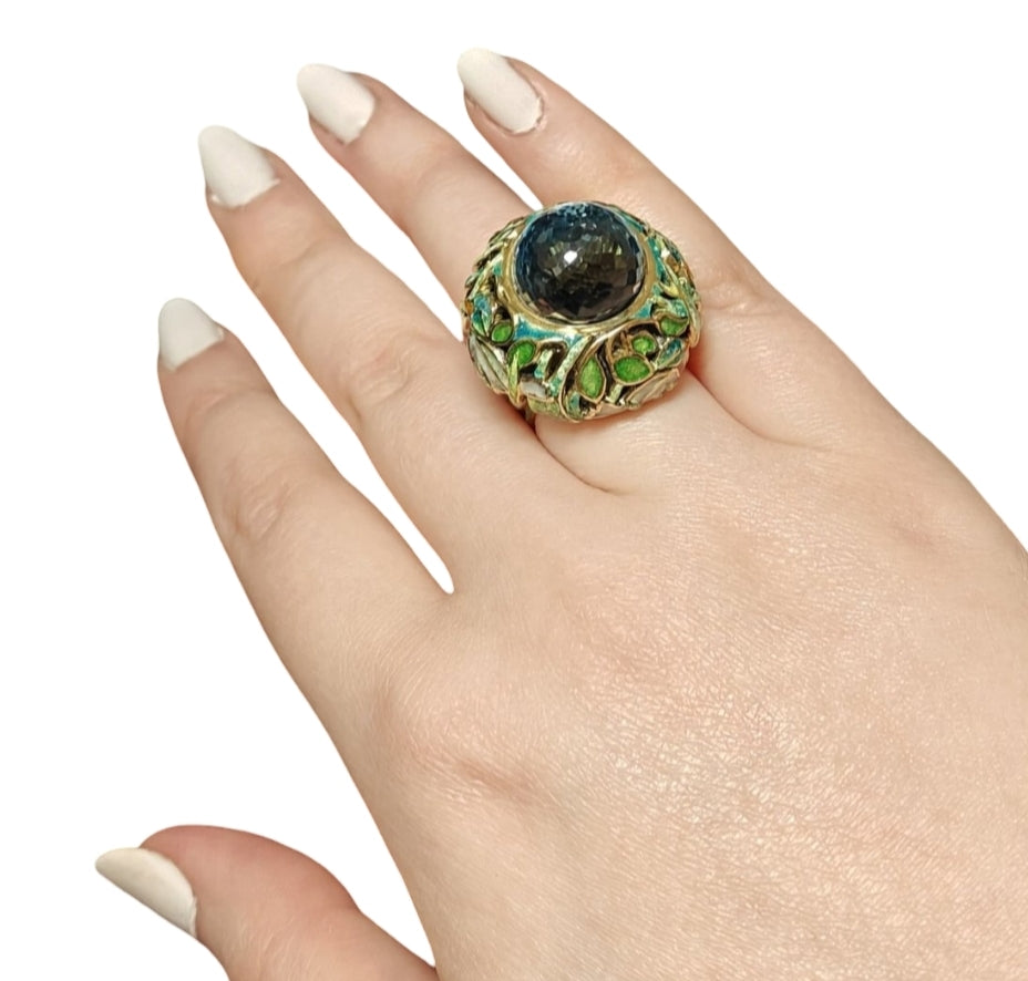 Shimmering Pond ring showcasing artistic enamel and blue topaz in yellow gold, elegant design by Konforti Jewelry
