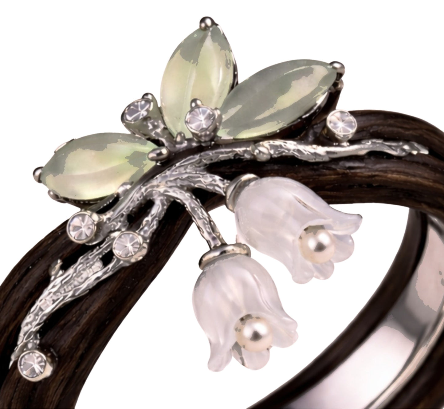 Close-up of White Bluebell Dew ring with translucent prehnite leaves, carved jade bluebell flowers, pearl drops and white sapphire dew details