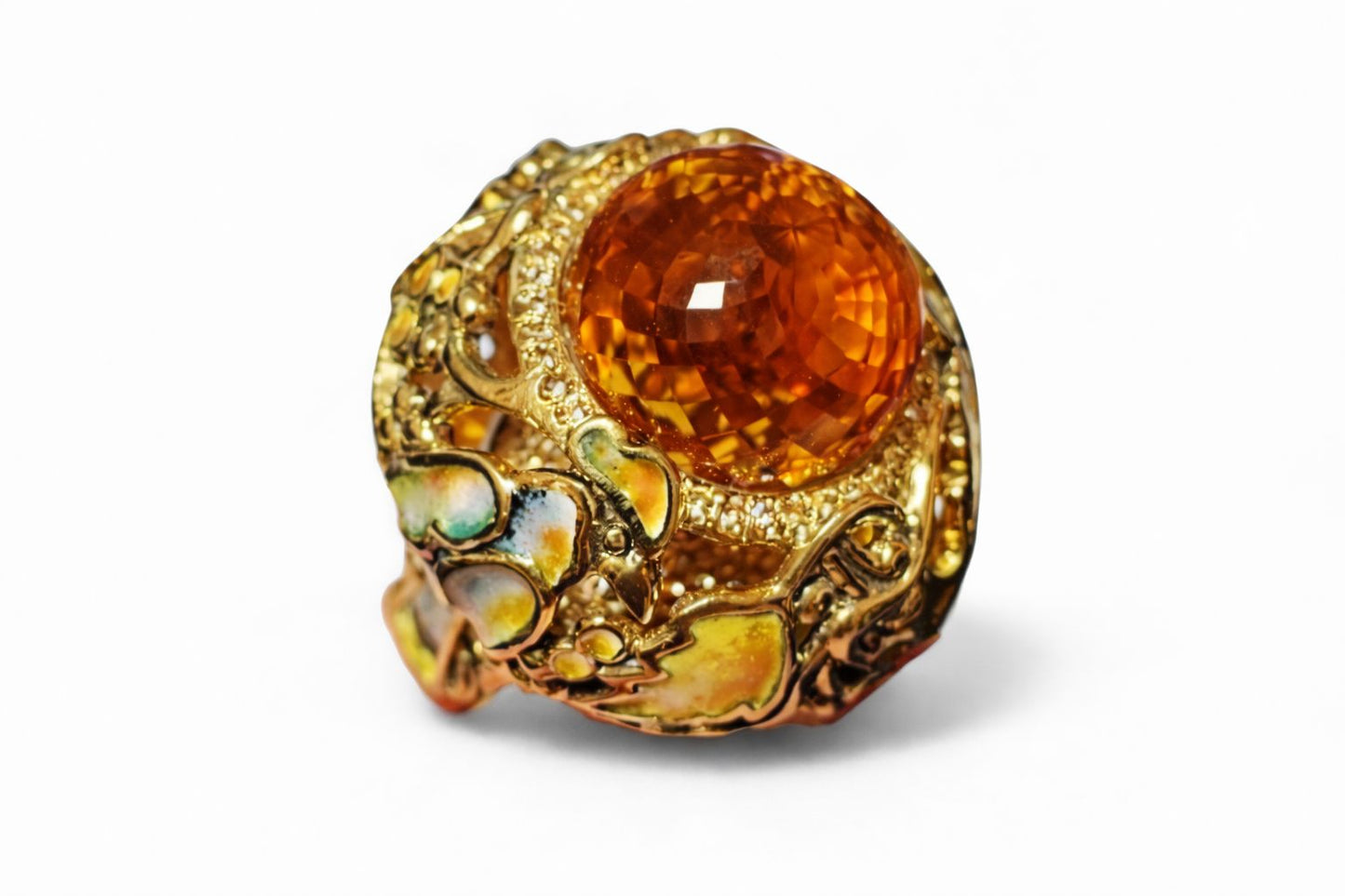Autumn ring in 18K yellow gold with pear-shaped Madeira citrine, hot enamel details, and yellow sapphire accents from the Stone Garden Collection