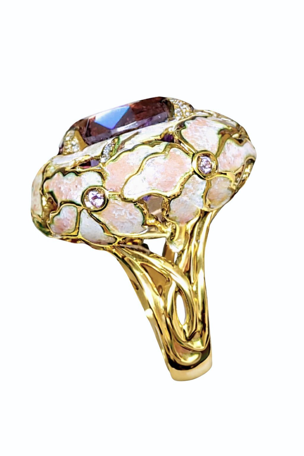 Handcrafted Floral Fantasy ring by Konforti Jewelry in 18K yellow gold featuring a 32 carat ametrine center stone surrounded by hand painted enamel lilies with pink sapphires and diamond accents side view on white background.