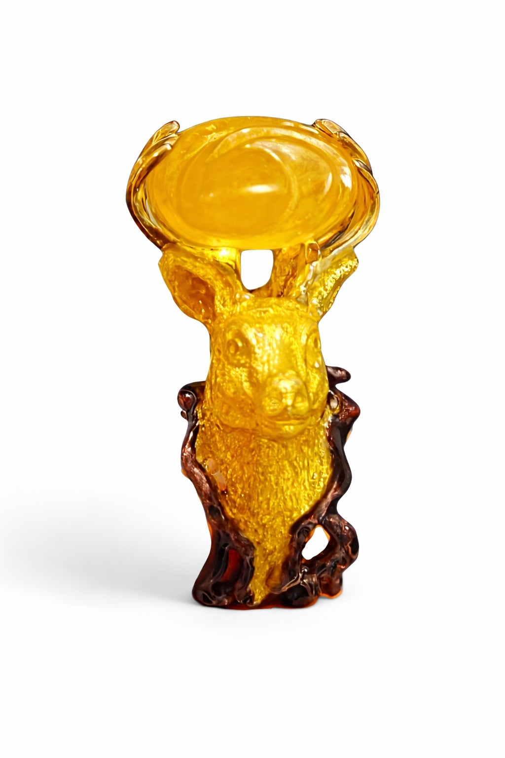 Handcrafted Guardians Of The Sun ring by Konforti Jewelry featuring a hand carved 90ct yellow lepidolite gemstone held by stag heads in 960 silver with hot enamel details front view