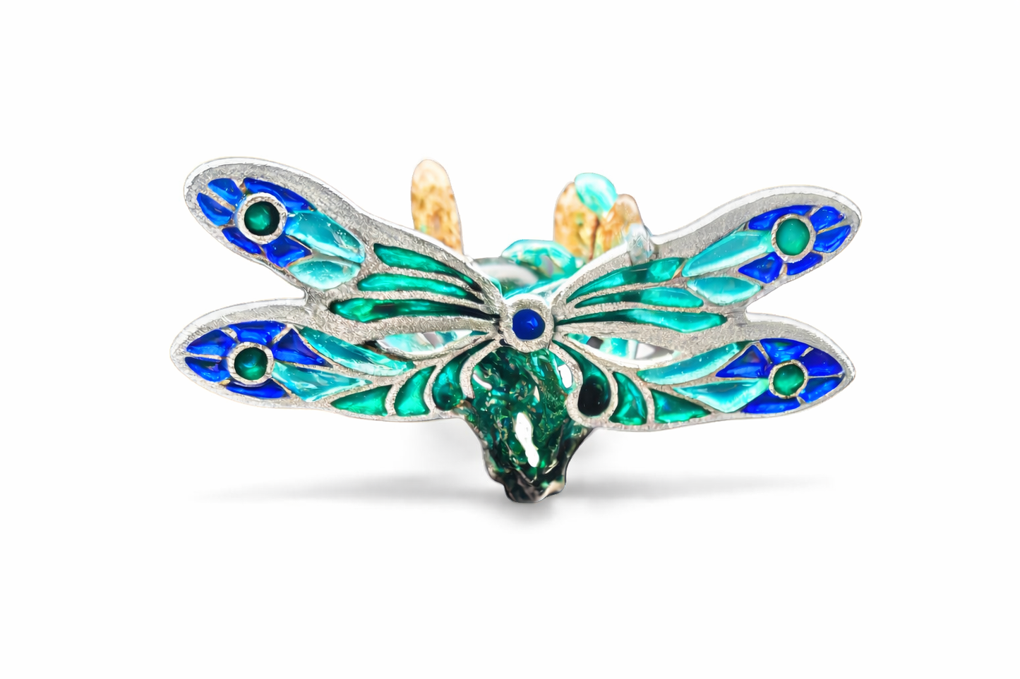 Enchanted Dragonfly ring by Konforti Jewelry handcrafted in 960 silver with 7.5ct green tourmaline, plique a jour wings and Limoges hot enamel from the Stone Garden Collection front view