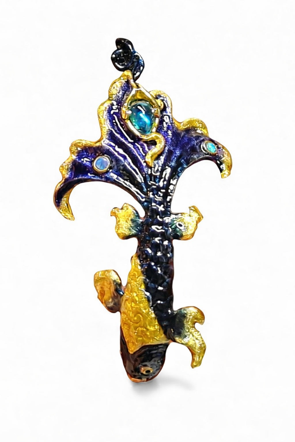 Luxury betta fish pendant in solid 960 silver with 3ct blue topaz and opal gemstones, handcrafted Limoges enamel from Ocean Duet Stone Garden collection by Konforti Jewelry.