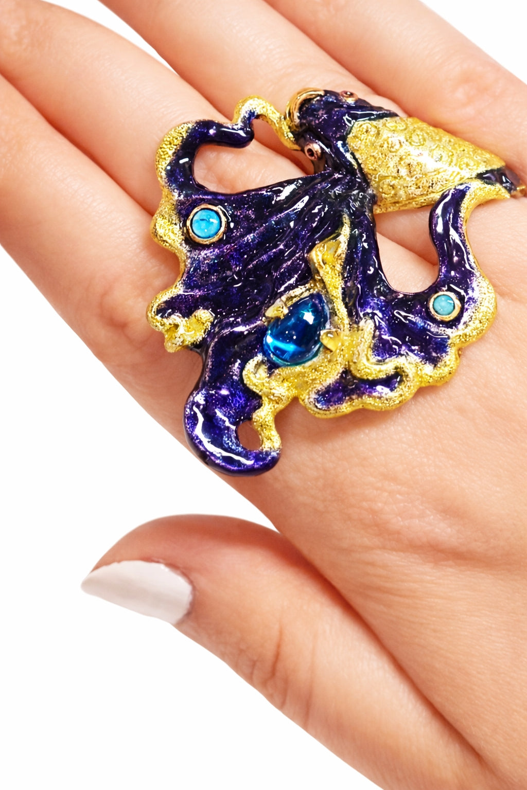 Luxury betta fish cocktail ring in 960 silver with blue topaz and opal gemstones, handcrafted hot enamel Limoges technique from Ocean Duet collection by Konforti Jewelry.