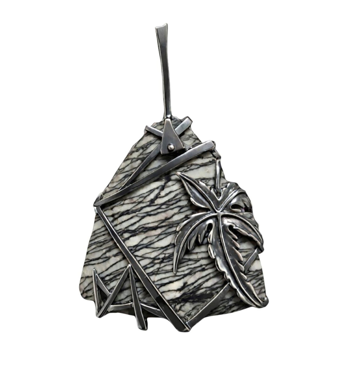 Weaver of Dreams landscape jasper pendant handcrafted in oxidized 925 silver with palm tree motif from Stone Garden Collection by Konforti Jewelry