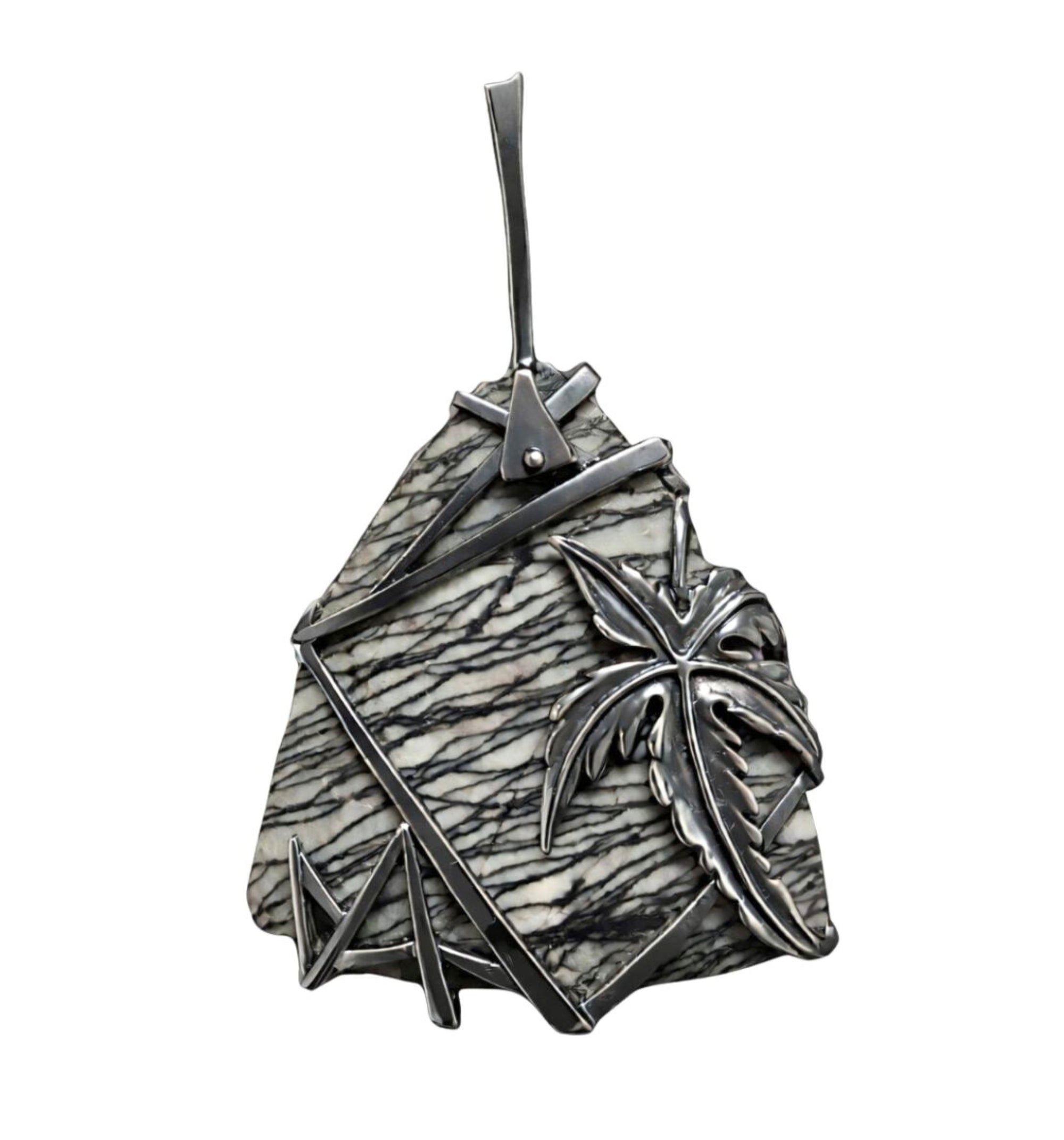 Weaver of Dreams landscape jasper pendant handcrafted in oxidized 925 silver with palm tree motif from Stone Garden Collection by Konforti Jewelry