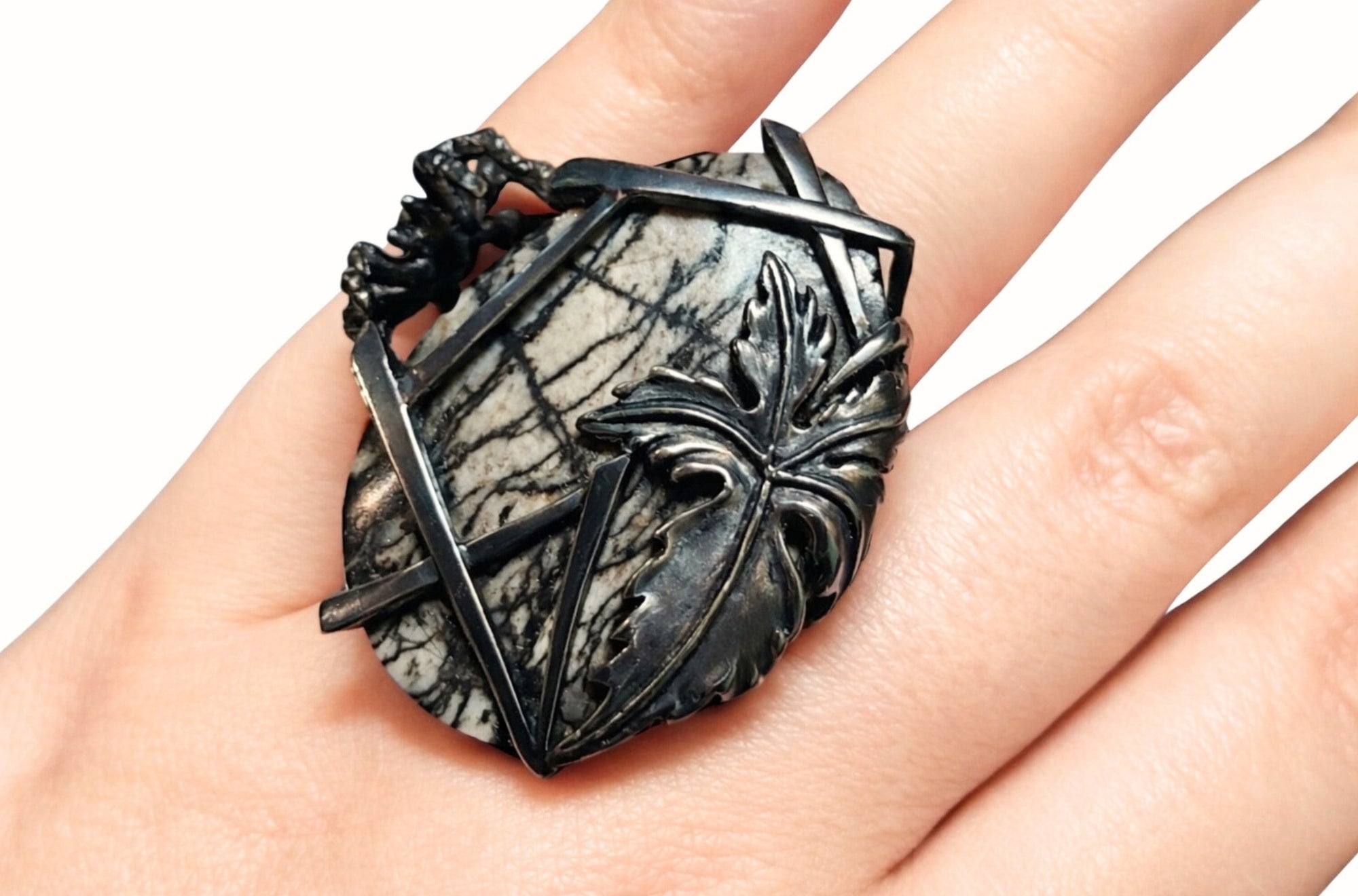 Weaver of Dreams landscape jasper statement ring worn on hand handcrafted in oxidized sterling silver by Konforti Jewelry