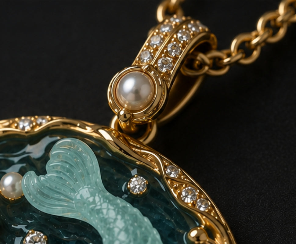 Close-up of 18K gold pendant bail set with diamonds and pearl above hand-carved aquamarine koi and hot enamel pond