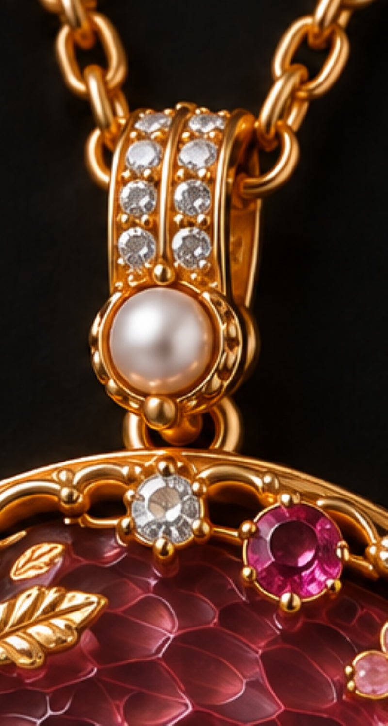 Close-up of Rose of Fortune 18K yellow gold pendant bail set with diamonds and pearl