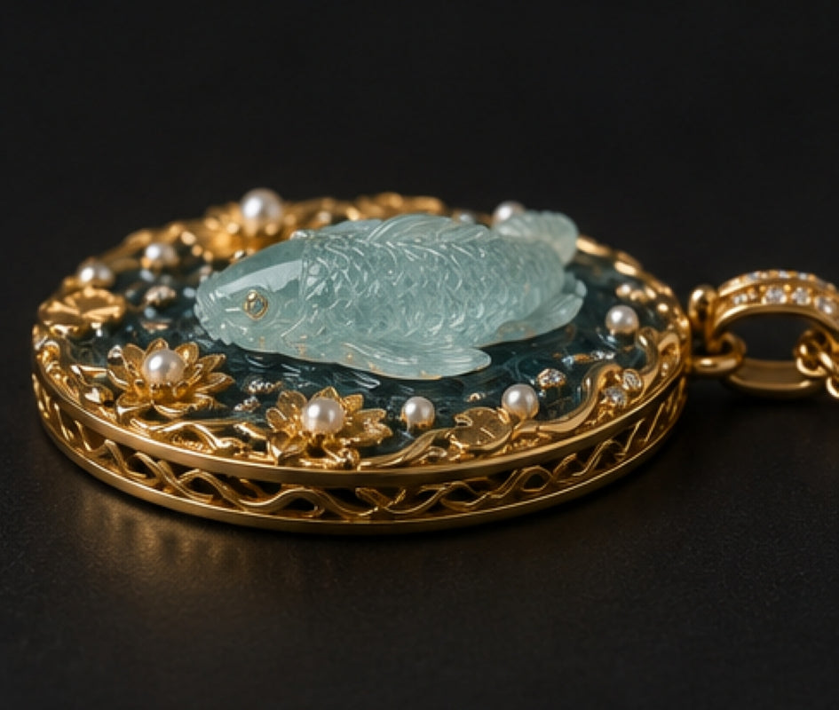 Side detail of 18K gold koi pond pendant with carved aquamarine fish, hot enamel, pearls and sculpted lotus flowers
