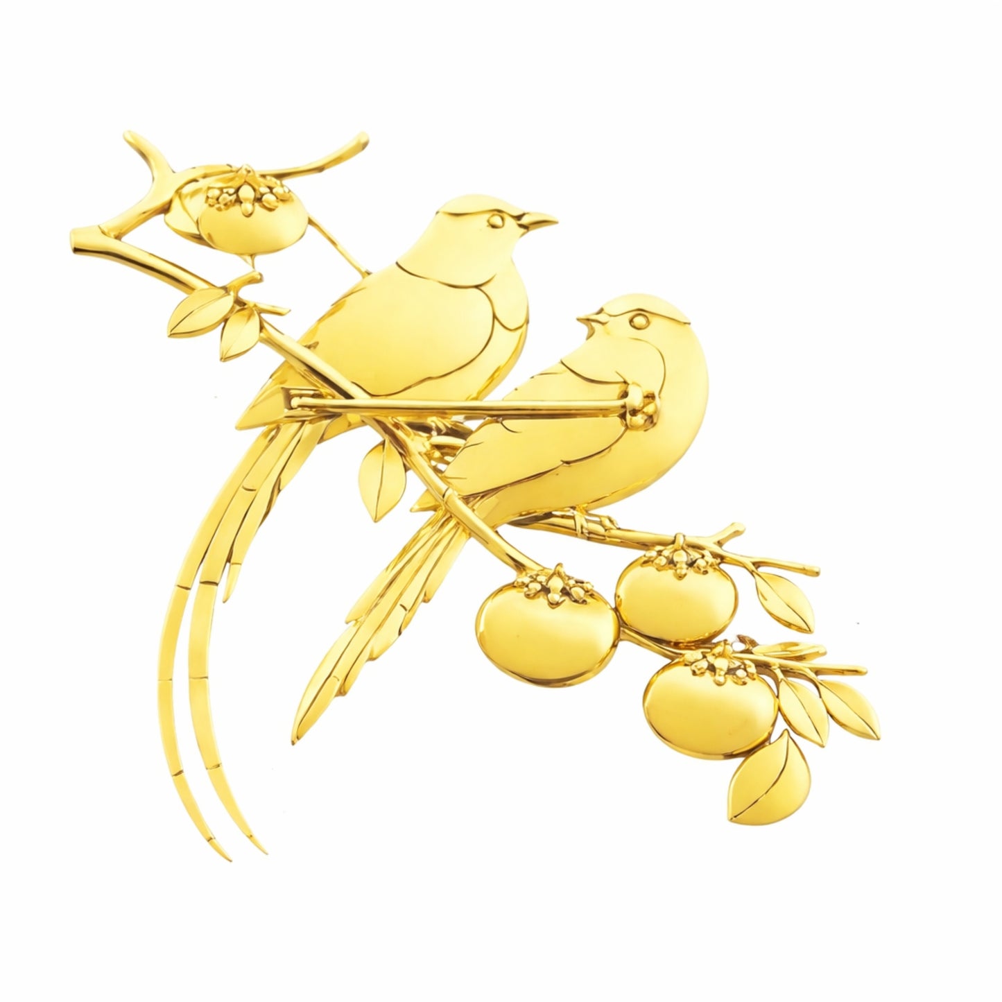 Back view of the Persimmon Garden 18K gold bird brooch showing handcrafted gold structure, sculptural detailing, and secure pin mechanism.