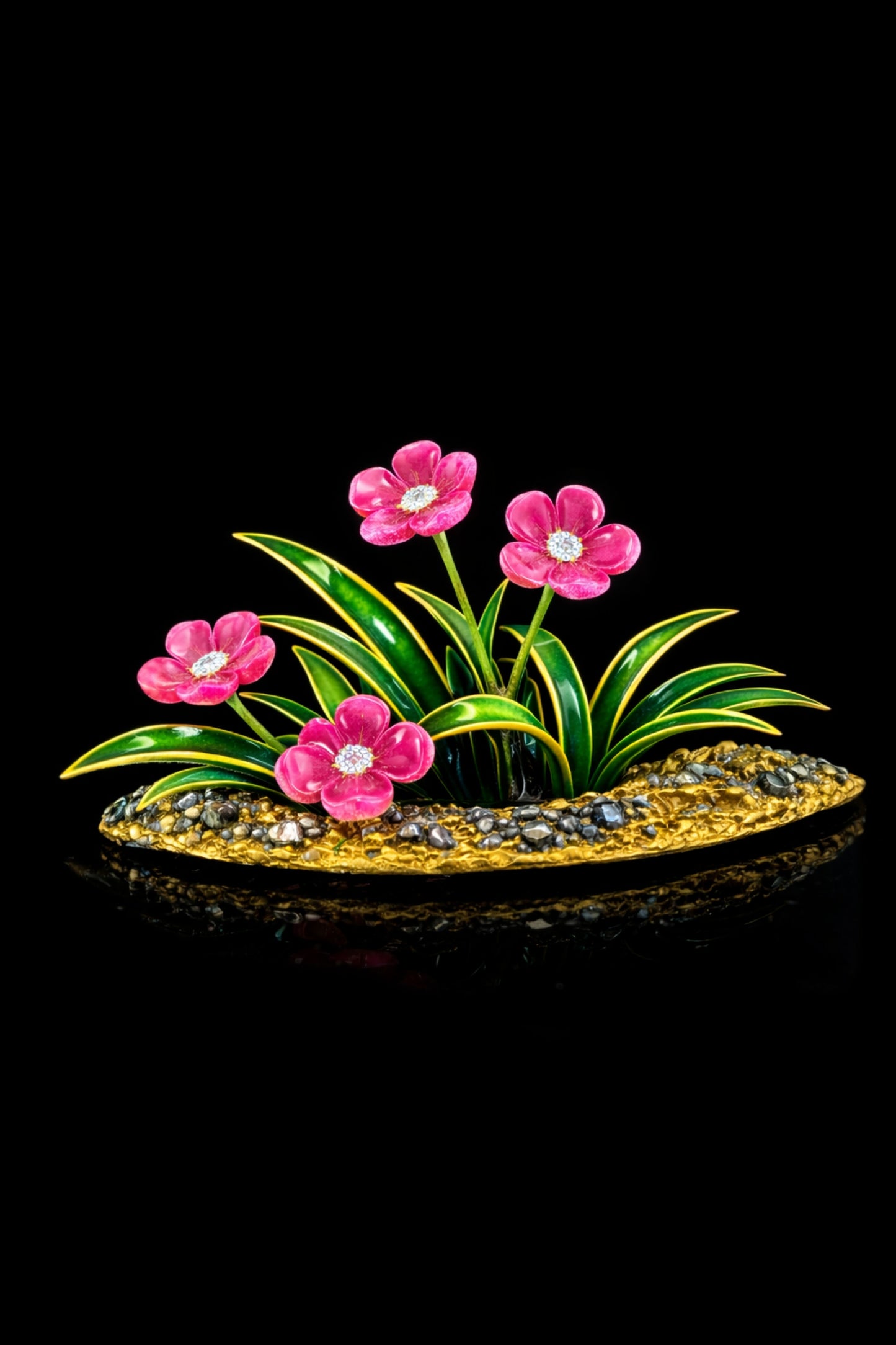 Blooming Harmony 18K gold floral garden brooch featuring hand-carved pink tourmaline flowers, diamond centers, hot enamel leaves, and rough diamonds from the Stone Garden Collection.