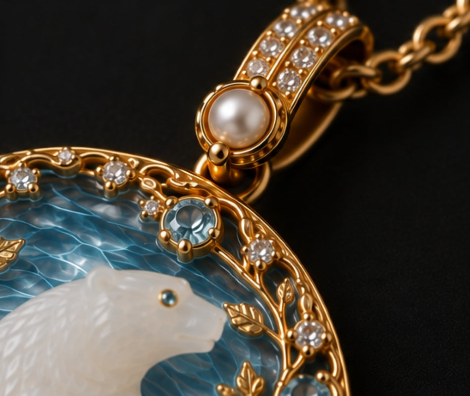 Close-up of Kingdom of Ice pendant with 18K yellow gold, diamonds, sky blue topaz, pearl and transparent blue hot enamel