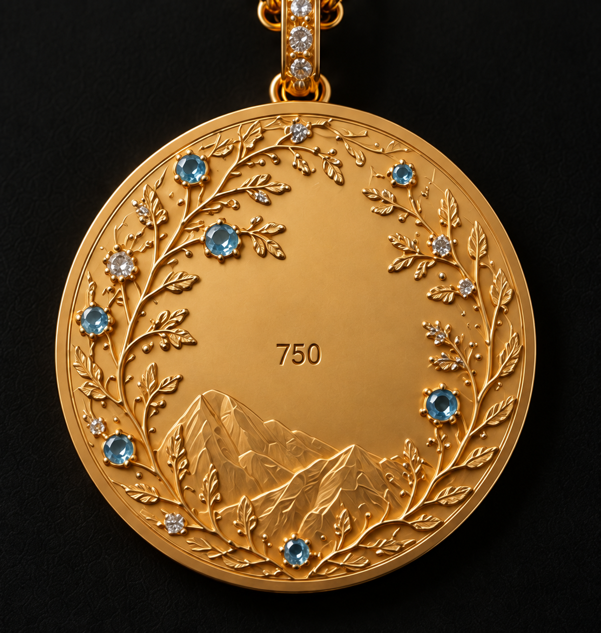 Reverse of Kingdom of Ice 18K yellow gold pendant with sculpted mountain landscape, sky blue topaz, diamonds and botanical details